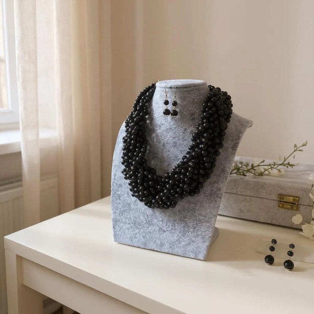 multi strand black lucite bead braided necklace earring set